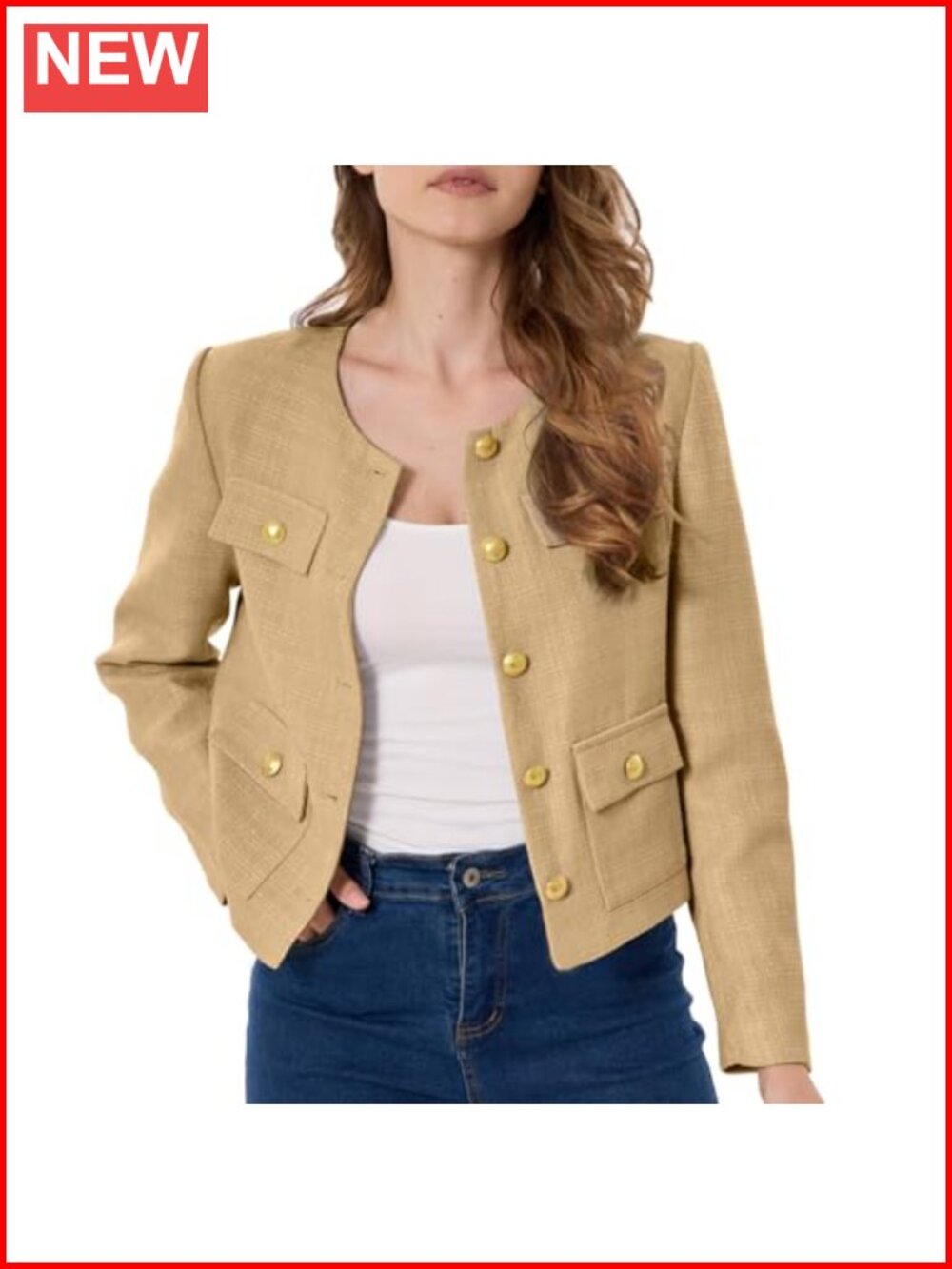 Women's Tweed Cropped Blazer Round Neck Long Sleeve Work Jacket